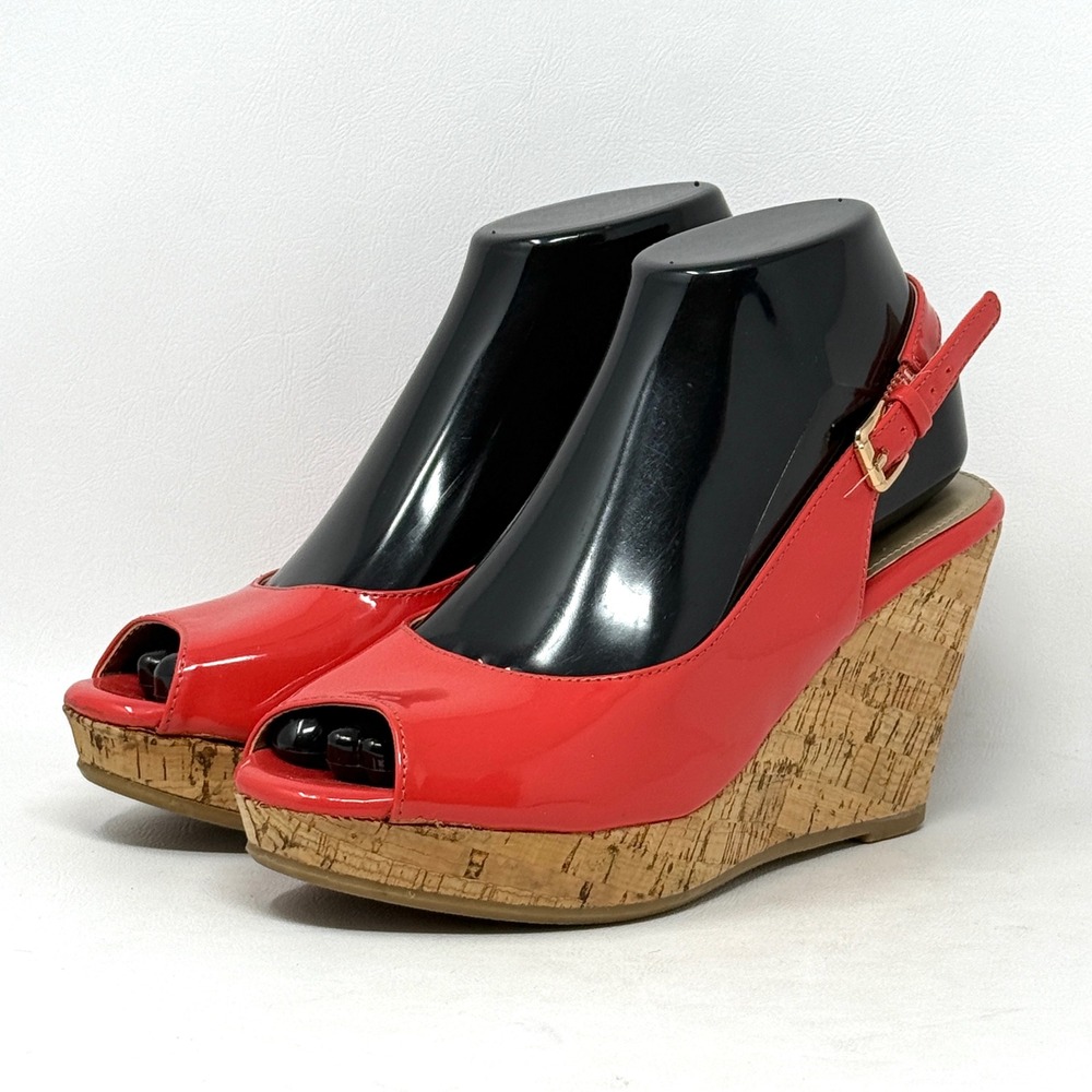 Lauren Blackwell Julie Red Coral Patent Vegan Slingback Wedge Boho Chic 7.5 Peep